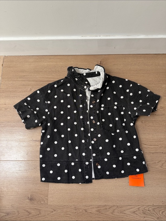Amazon Tops - Black and White Polka Dot Button-Down Shirt